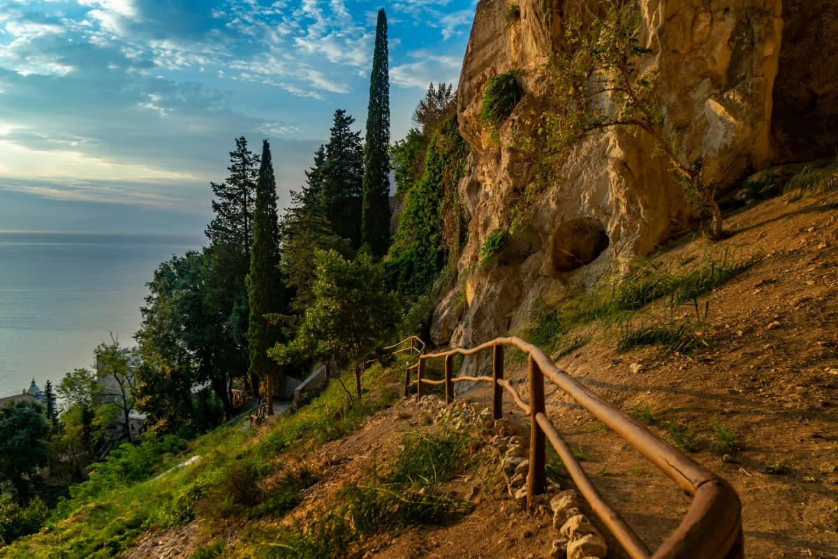 Wooden-railed steps on the Path of the Gods hiking trail, with cypress trees and the sea below