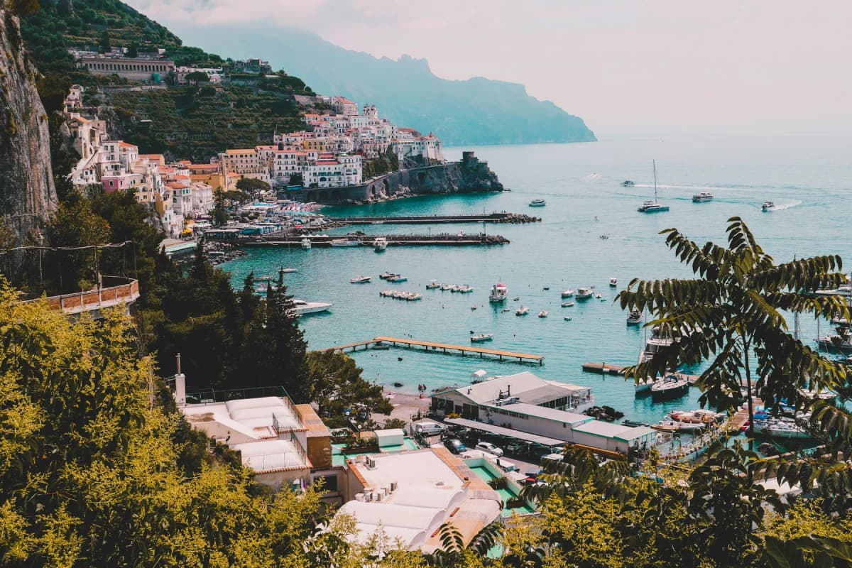 The town of Amalfi and its harbour seen from above