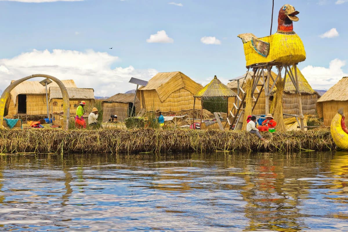 Reed houses on the floating Uros Islands on Lake Titicaca