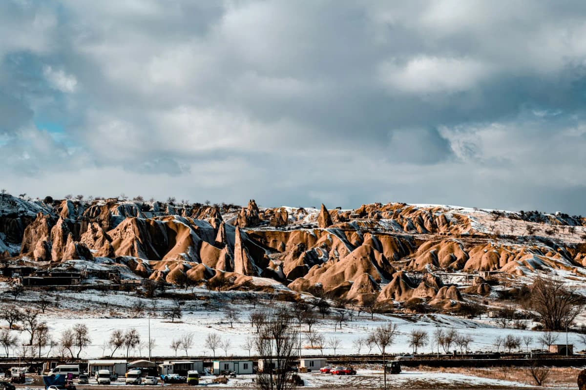 Snow on the rock formations of Cappadocia in winter