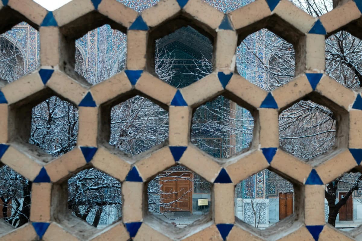 Snow-covered trees in a Samarkand courtyard, seen through a hexagonal brick lattice