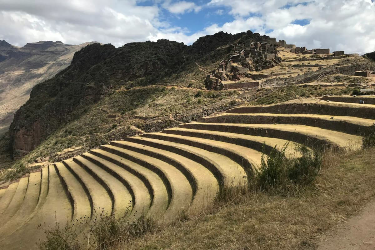 Curving Inca agricultural terraces climbing the hillside above Pisac