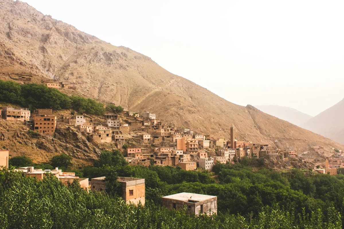 A terraced Amazigh village on a hillside in the High Atlas near Imlil