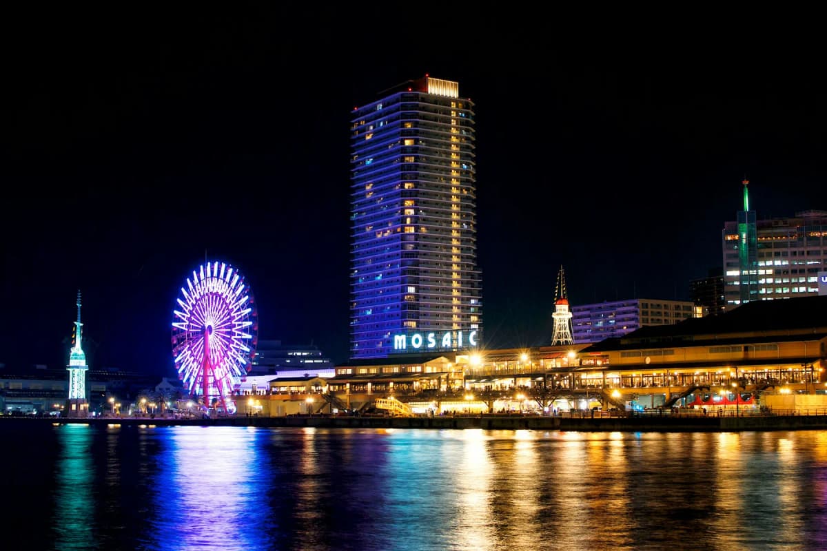 The illuminated Kobe Harborland waterfront with its Ferris wheel at night
