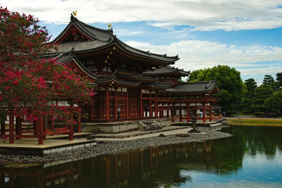 The Phoenix Hall of Byodo-in temple reflected in its pond in Uji