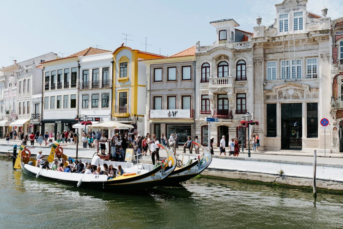 A painted moliceiro boat on a canal in Aveiro