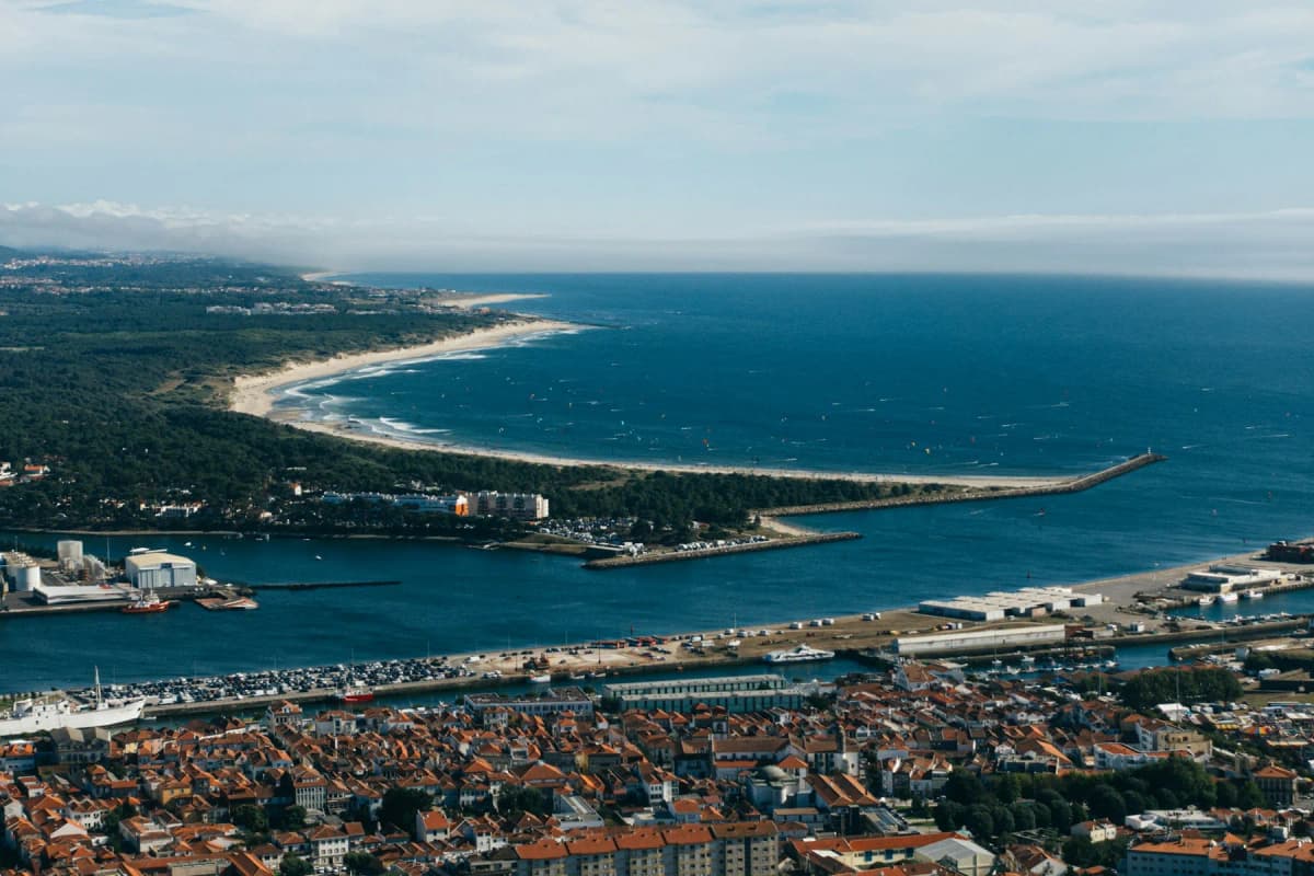 Viana do Castelo and the mouth of the Lima River seen from above