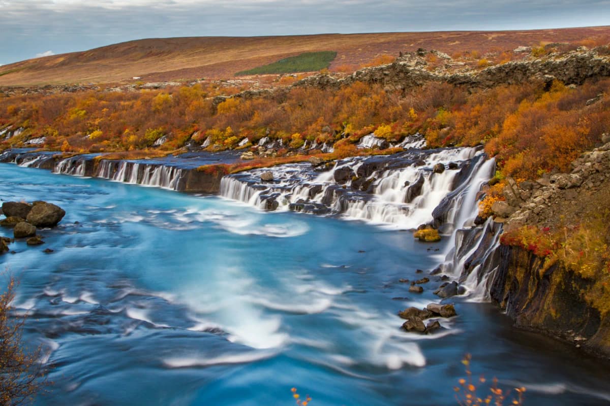 Day trips from Reykjavik: the Hraunfossar waterfalls pouring out of a lava field into a blue river in autumn