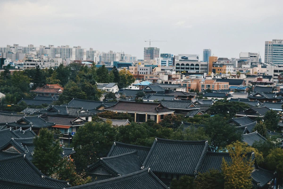 The tiled roofs of traditional hanok houses in Jeonju