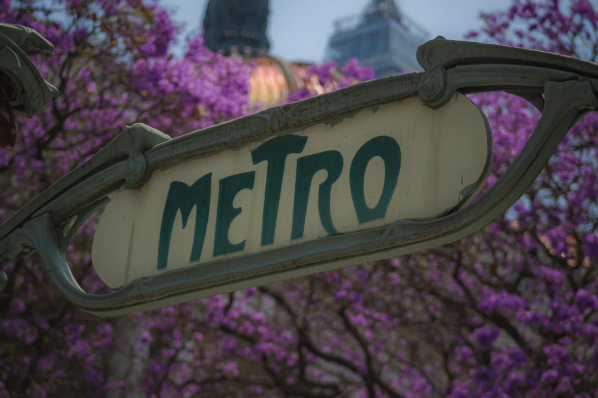 A Metro sign framed by purple jacaranda blossom in Mexico City
