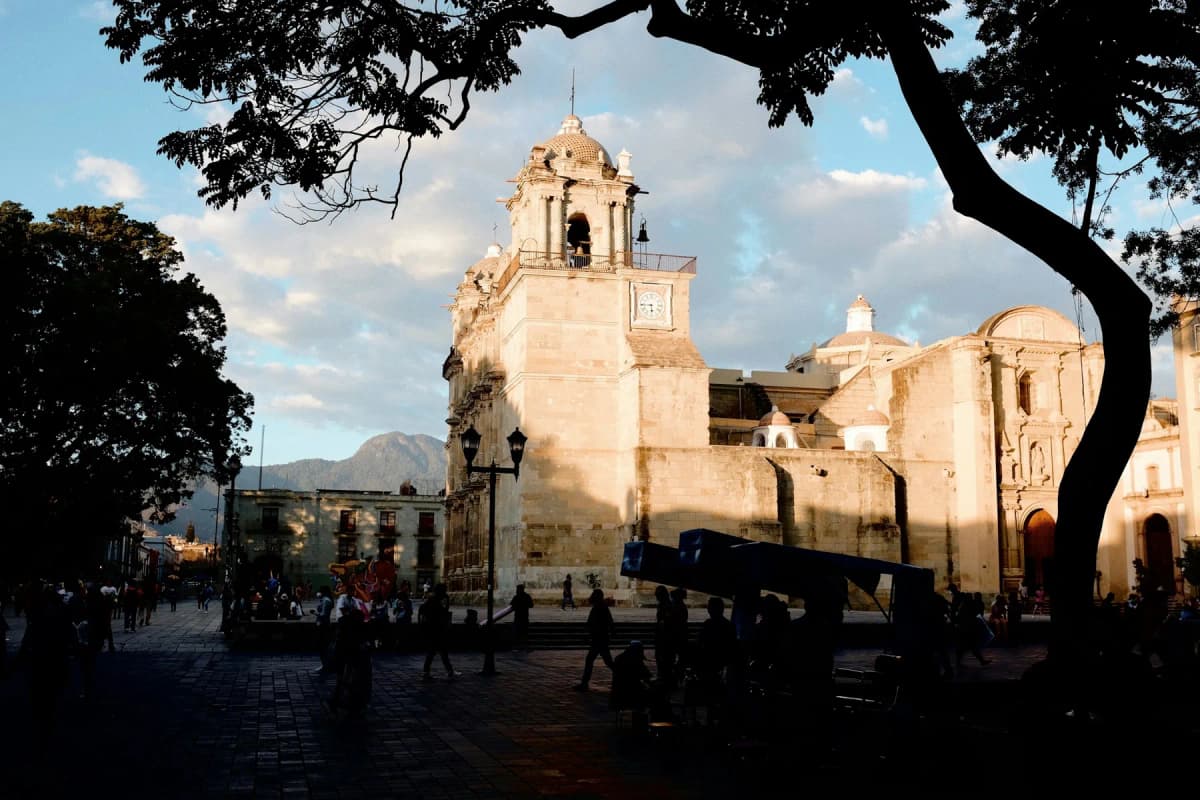 The cathedral and square in Oaxaca City in the evening light