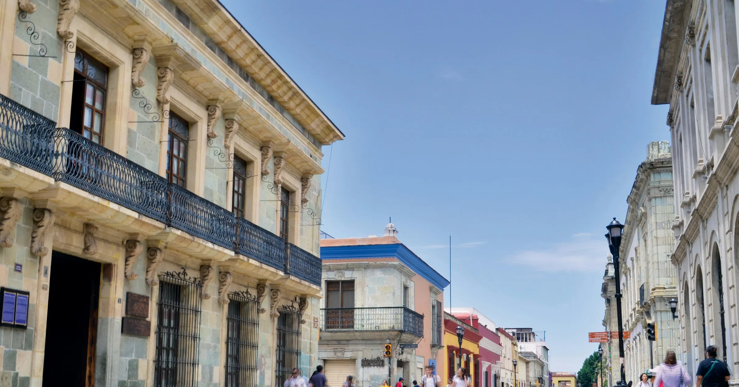 Is Oaxaca safe: a pedestrian street of colourful colonial buildings in Oaxaca City