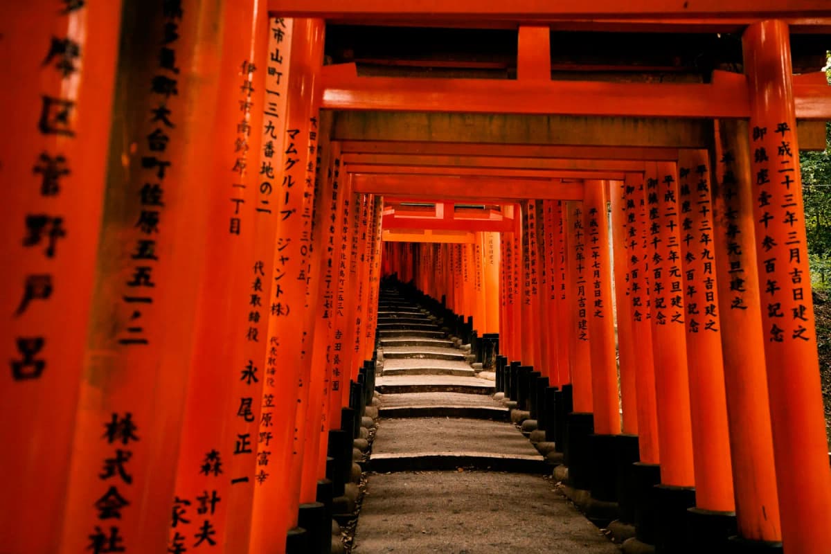 The path through the orange torii gates at Fushimi Inari shrine in Kyoto
