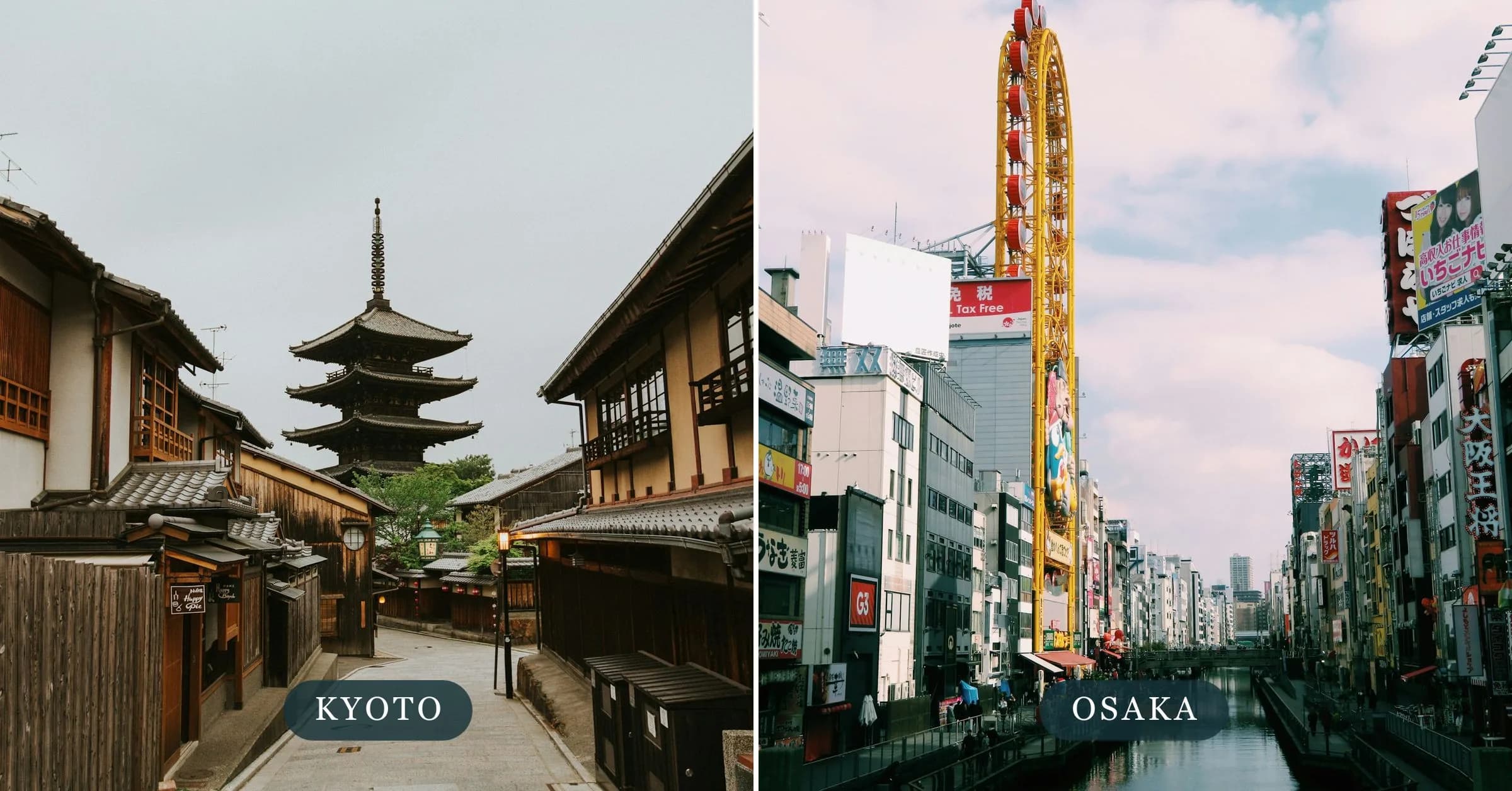 Kyoto vs Osaka: a quiet pagoda street in Kyoto next to the neon-lined Dotonbori canal in Osaka