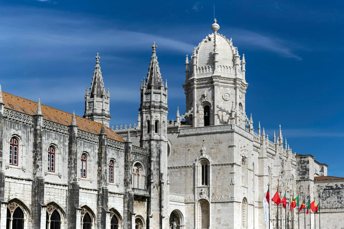 The carved limestone facade of the Jerónimos Monastery in Belém, Lisbon