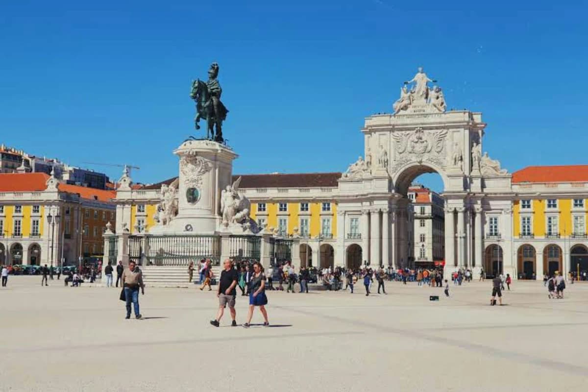 Praça do Comércio in Lisbon with its yellow arcades and triumphal arch