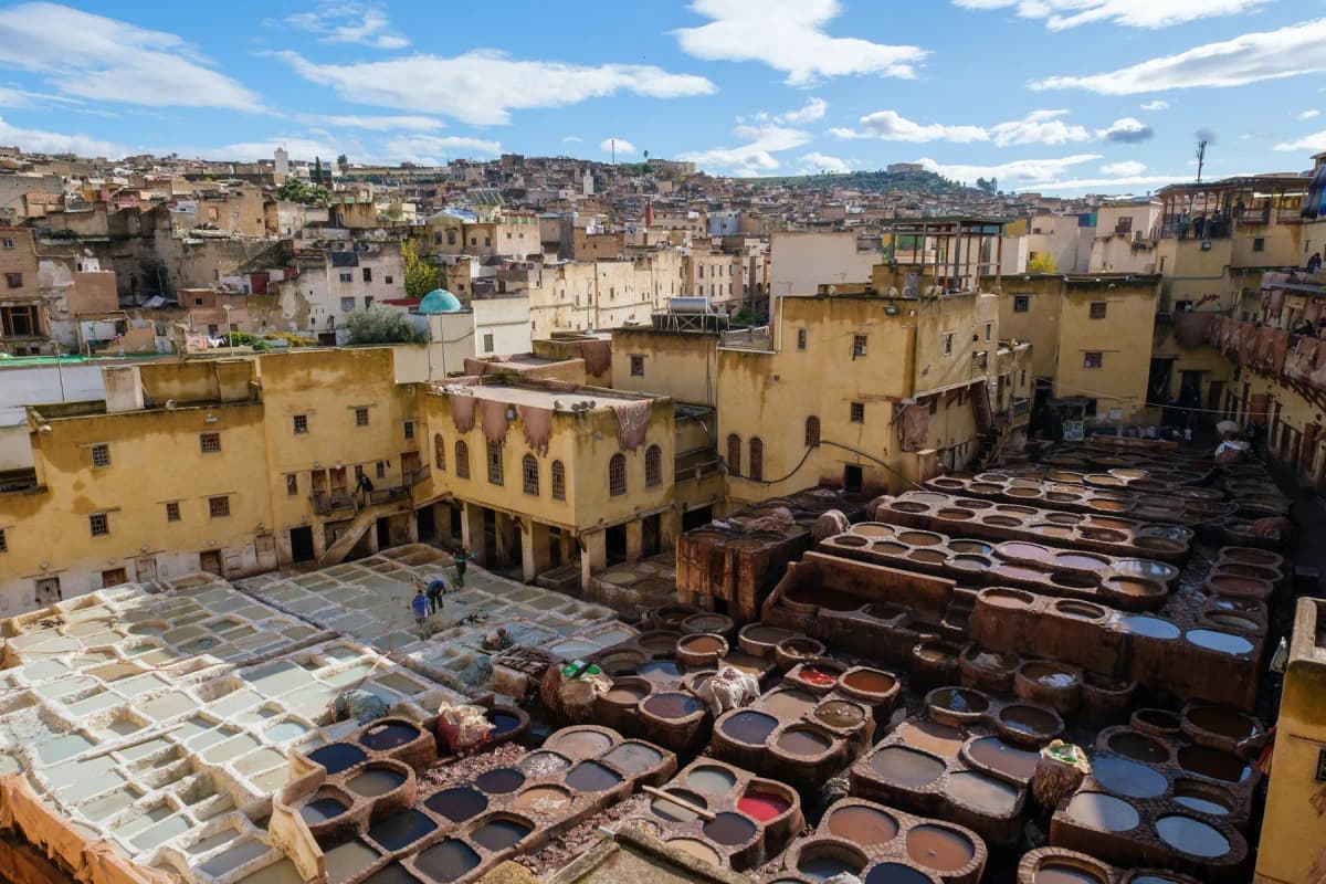 The stone dye vats of the Chouara tannery in the medina of Fes, seen from above