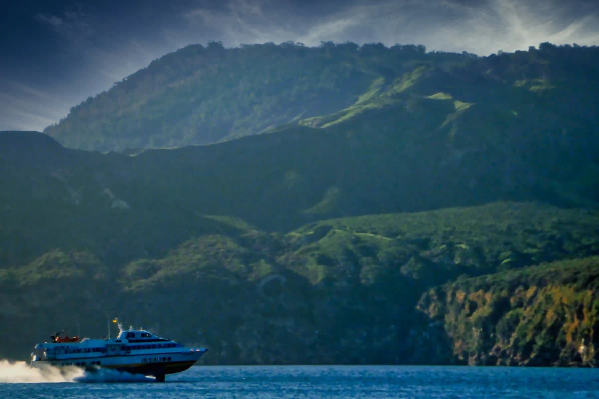 A fast passenger ferry crossing the water below green cliffs