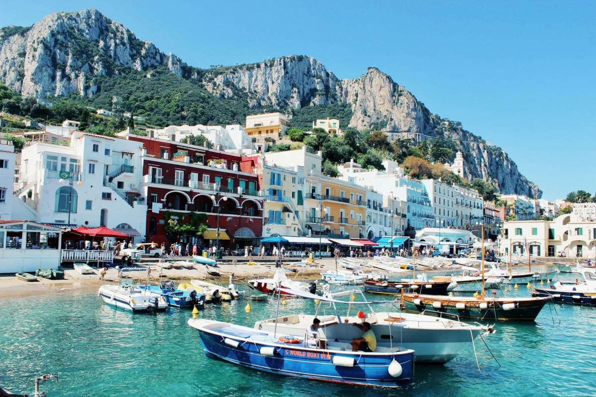 Colourful boats and waterfront buildings at Marina Grande on Capri