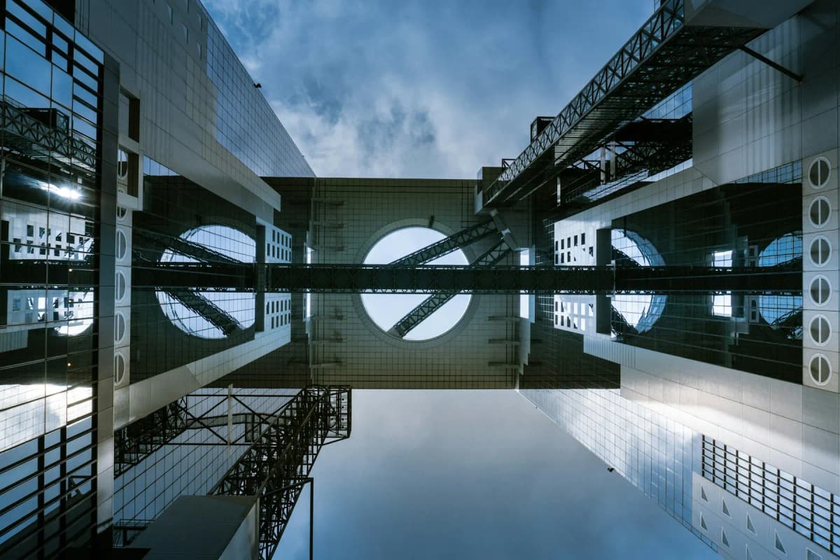 The circular Floating Garden Observatory linking the two towers of the Umeda Sky Building, seen from below