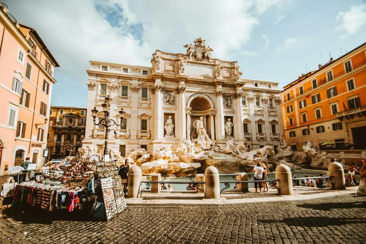 The Trevi Fountain and the surrounding buildings in morning light