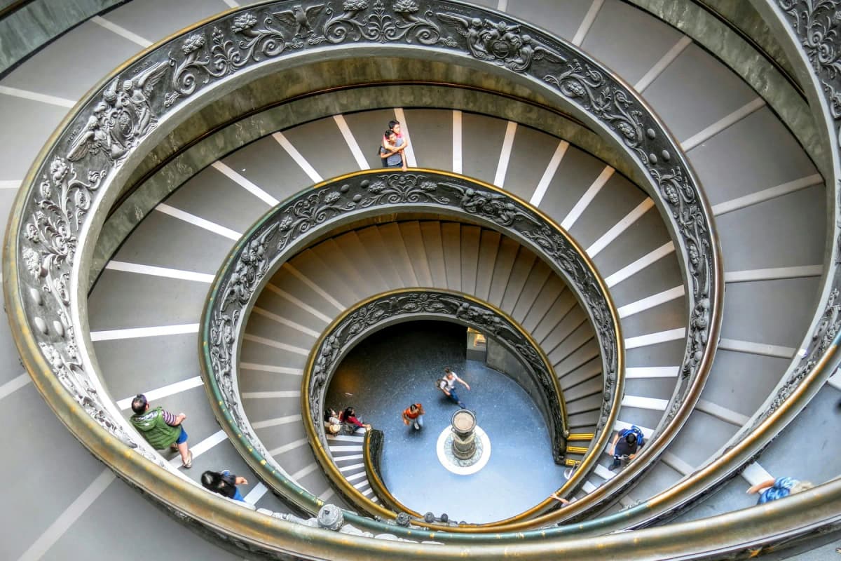 The double spiral Bramante staircase at the exit of the Vatican Museums seen from above
