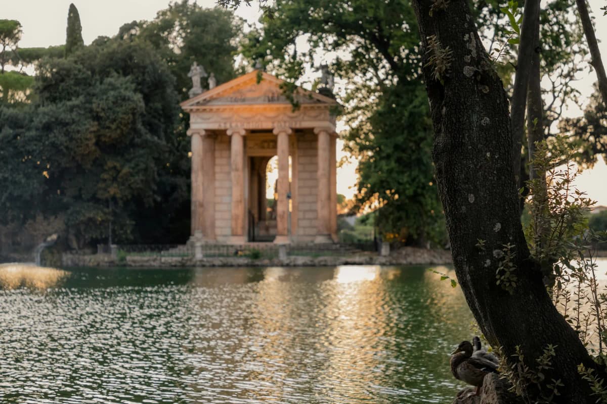 The Temple of Aesculapius on the lake in the Villa Borghese gardens in Rome