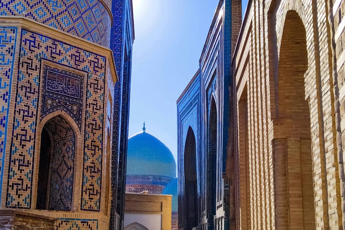 The narrow avenue of blue-tiled tombs at Shah-i-Zinda in Samarkand