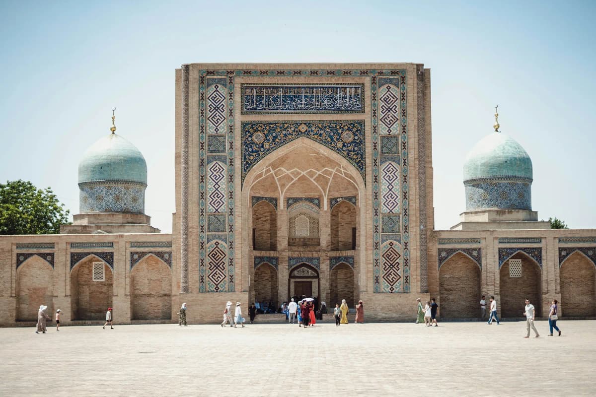 The Hazrati Imam complex in Tashkent's old town, with twin turquoise domes