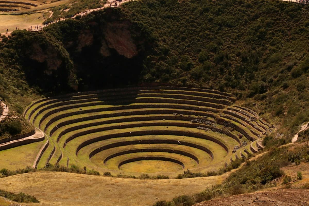 The circular stone terraces of Moray, sunk into a green hillside