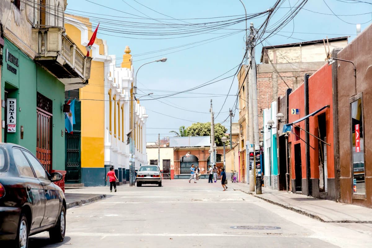 A street of colourful old buildings in the Barranco district of Lima