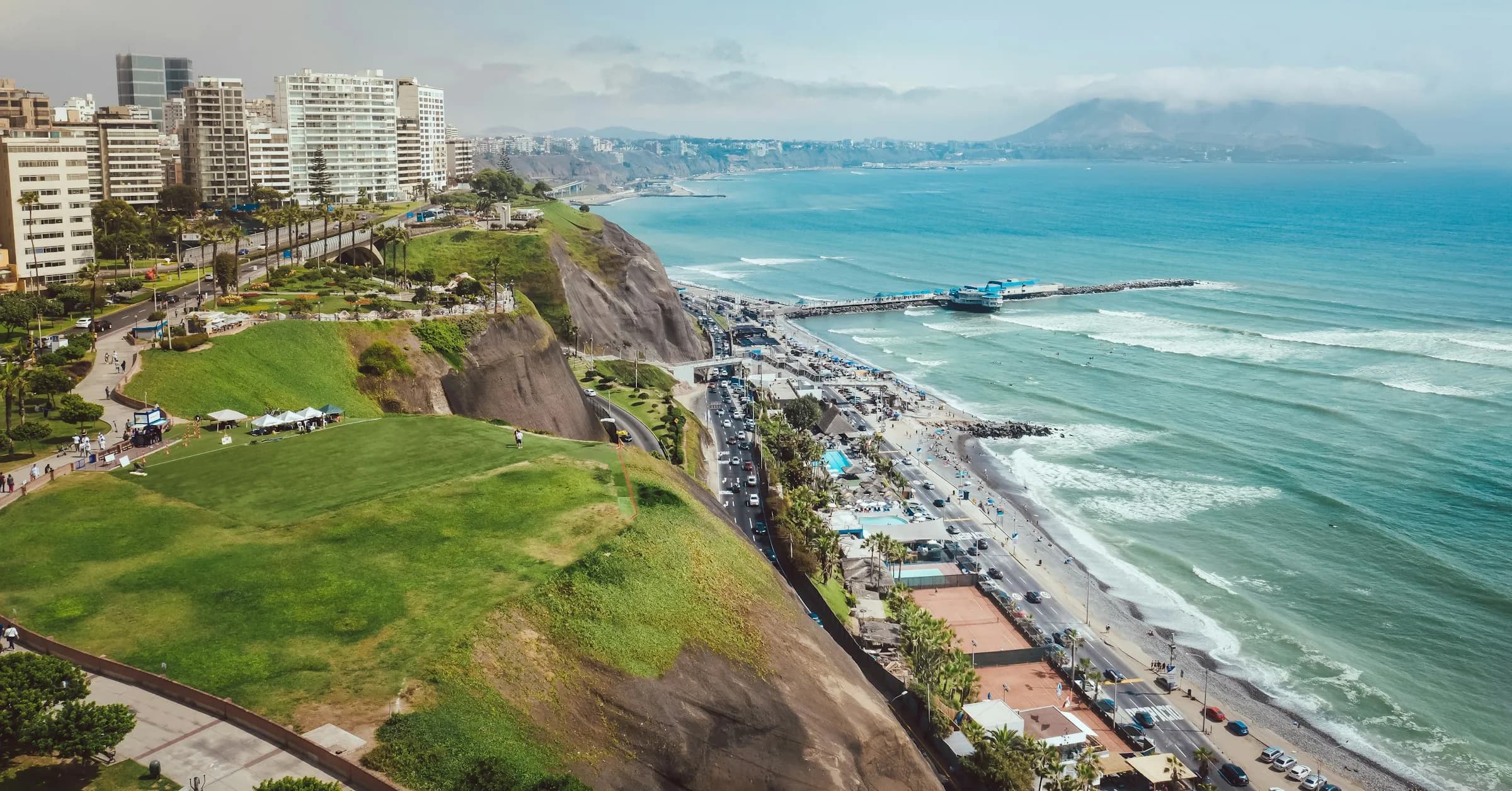 Things to do in Lima: the green clifftop parks of Miraflores above the Pacific, with paragliders in the sky