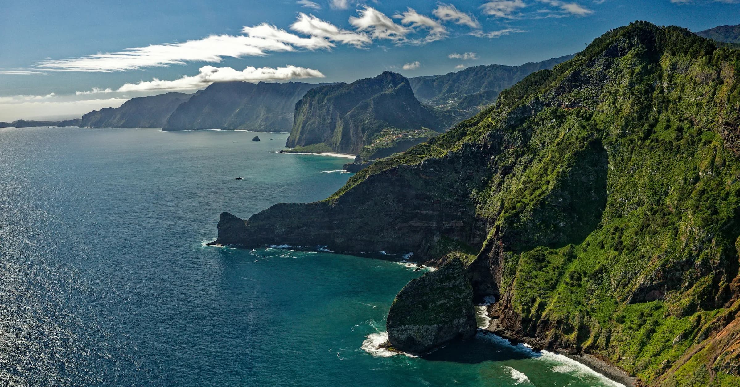 Things to do in Madeira: green cliffs dropping into the Atlantic on Madeira's north coast