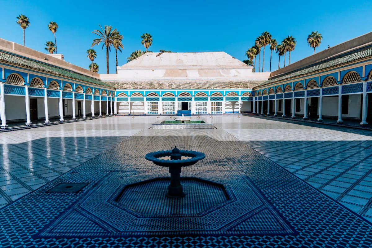 The tiled marble courtyard and fountain of the Bahia Palace in Marrakech
