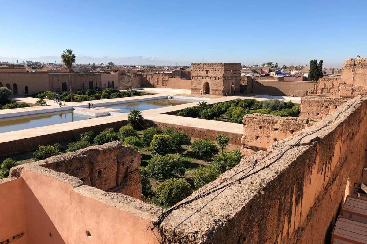 The sunken gardens and ruined walls of El Badi Palace seen from the ramparts