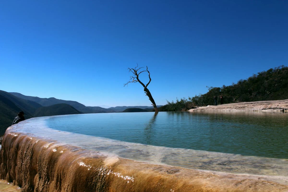 A natural infinity pool on the cliff edge at Hierve el Agua, with a bare tree and mountains under a blue sky