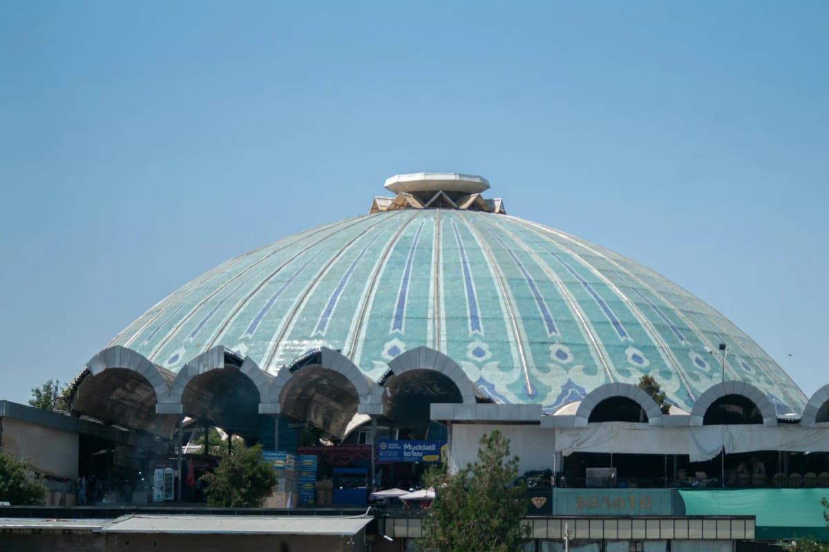 The huge blue-green dome of Chorsu Bazaar in Tashkent