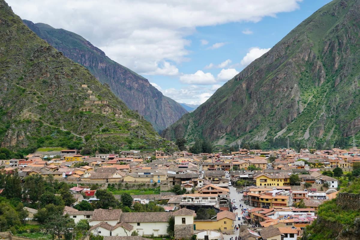 Ollantaytambo nestled between steep mountains in the Sacred Valley