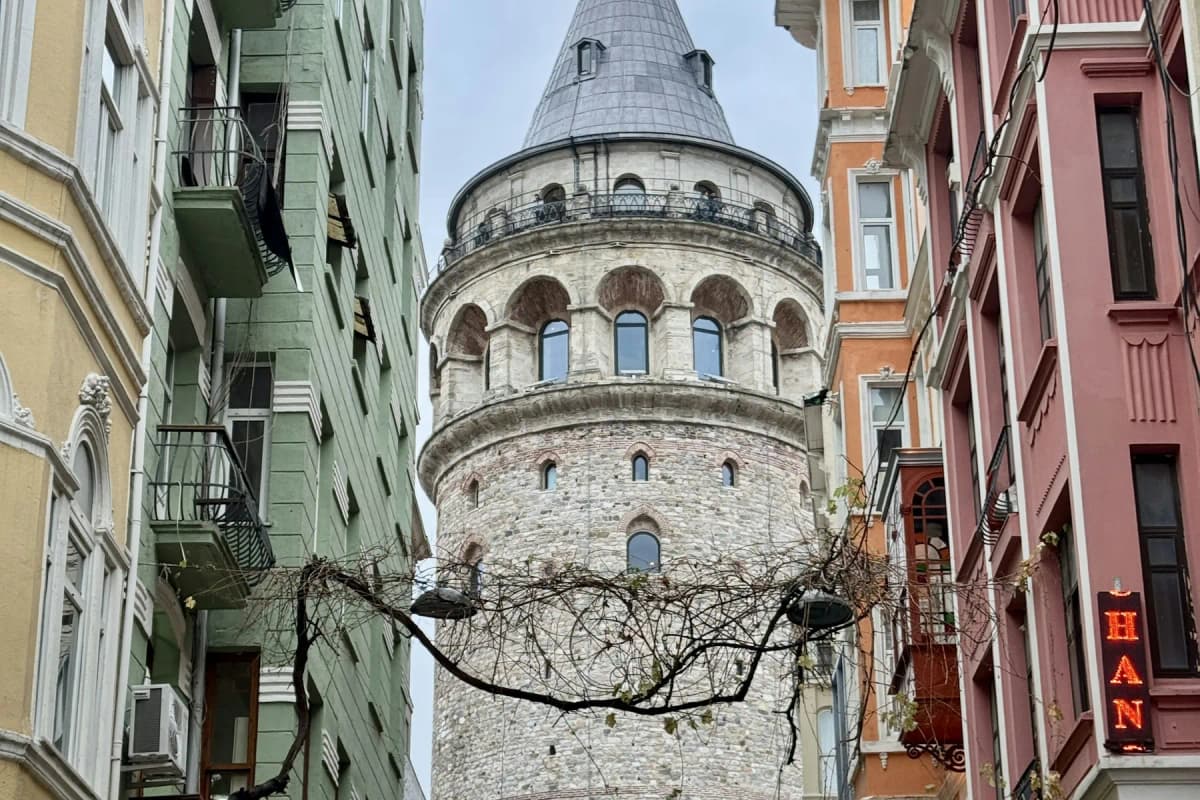 The Galata Tower and the hillside of Galata and Karaköy above the water