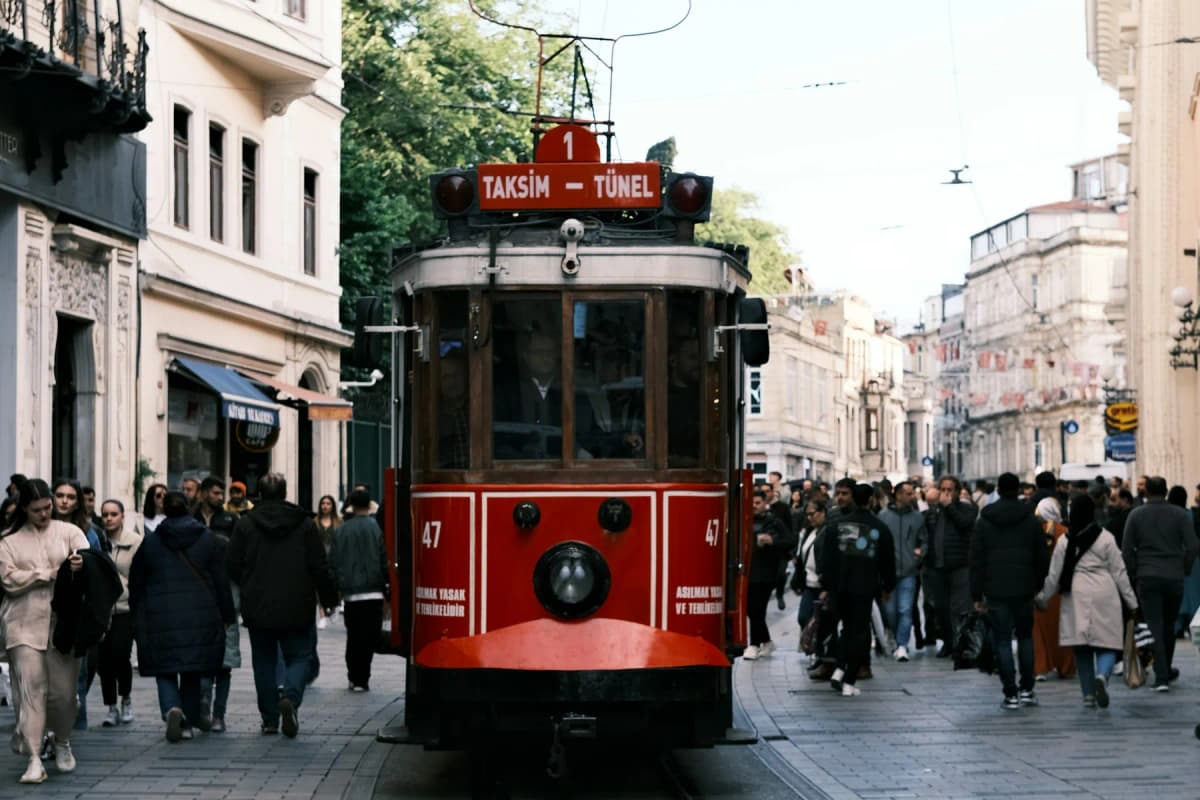 The red nostalgic tram on İstiklal Avenue in Beyoğlu