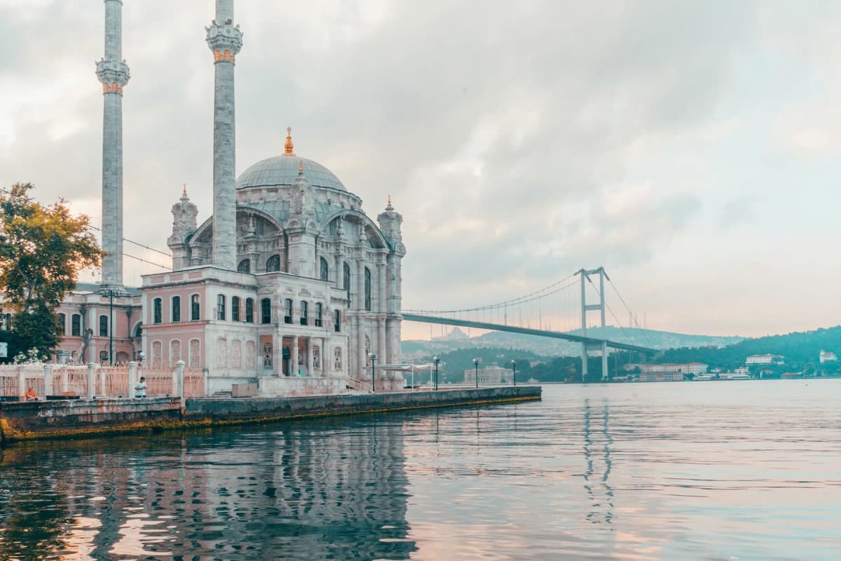 Ortaköy Mosque on the Bosphorus waterfront beneath the Bosphorus Bridge