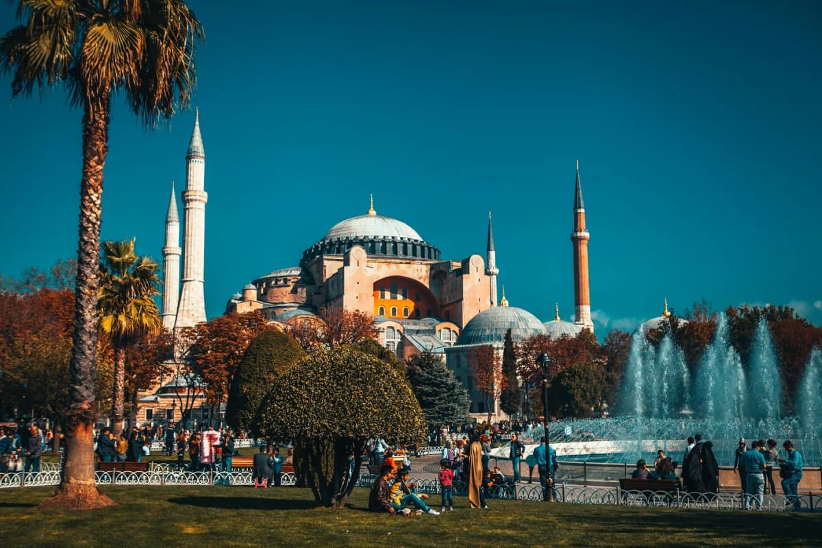 Hagia Sophia beyond the fountain and gardens of Sultanahmet Square