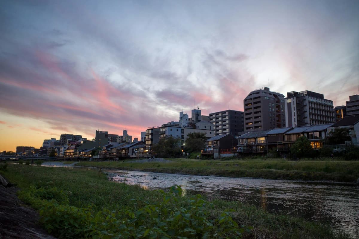The Kamo River in central Kyoto at sunset