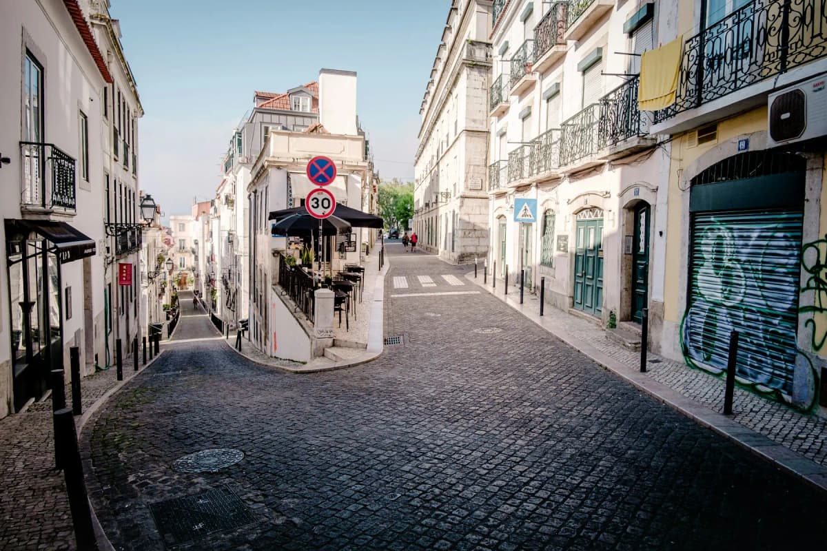 A quiet early-morning street in Bairro Alto, Lisbon
