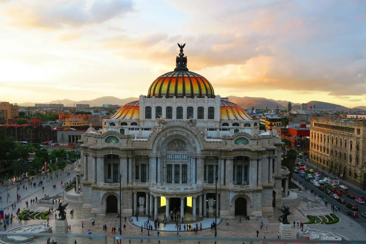 The Palacio de Bellas Artes in Mexico City at sunset
