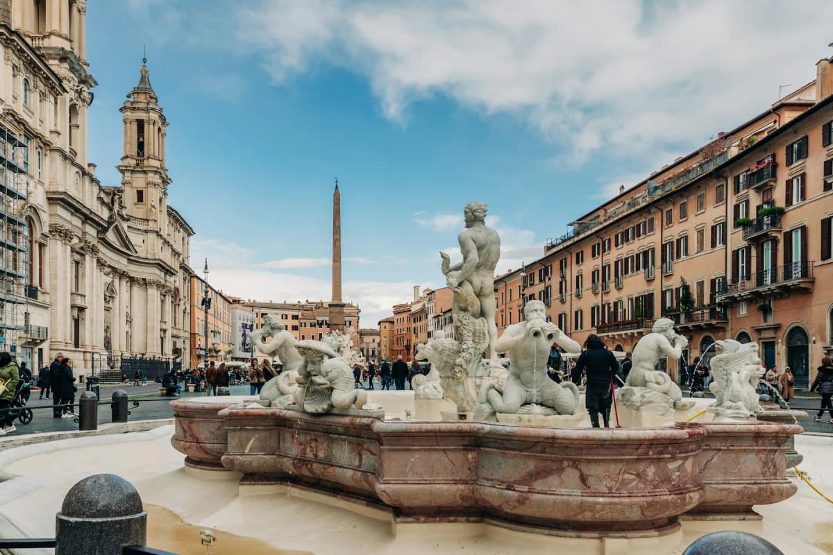The Fountain of the Four Rivers and the church of Sant'Agnese in Piazza Navona, Rome