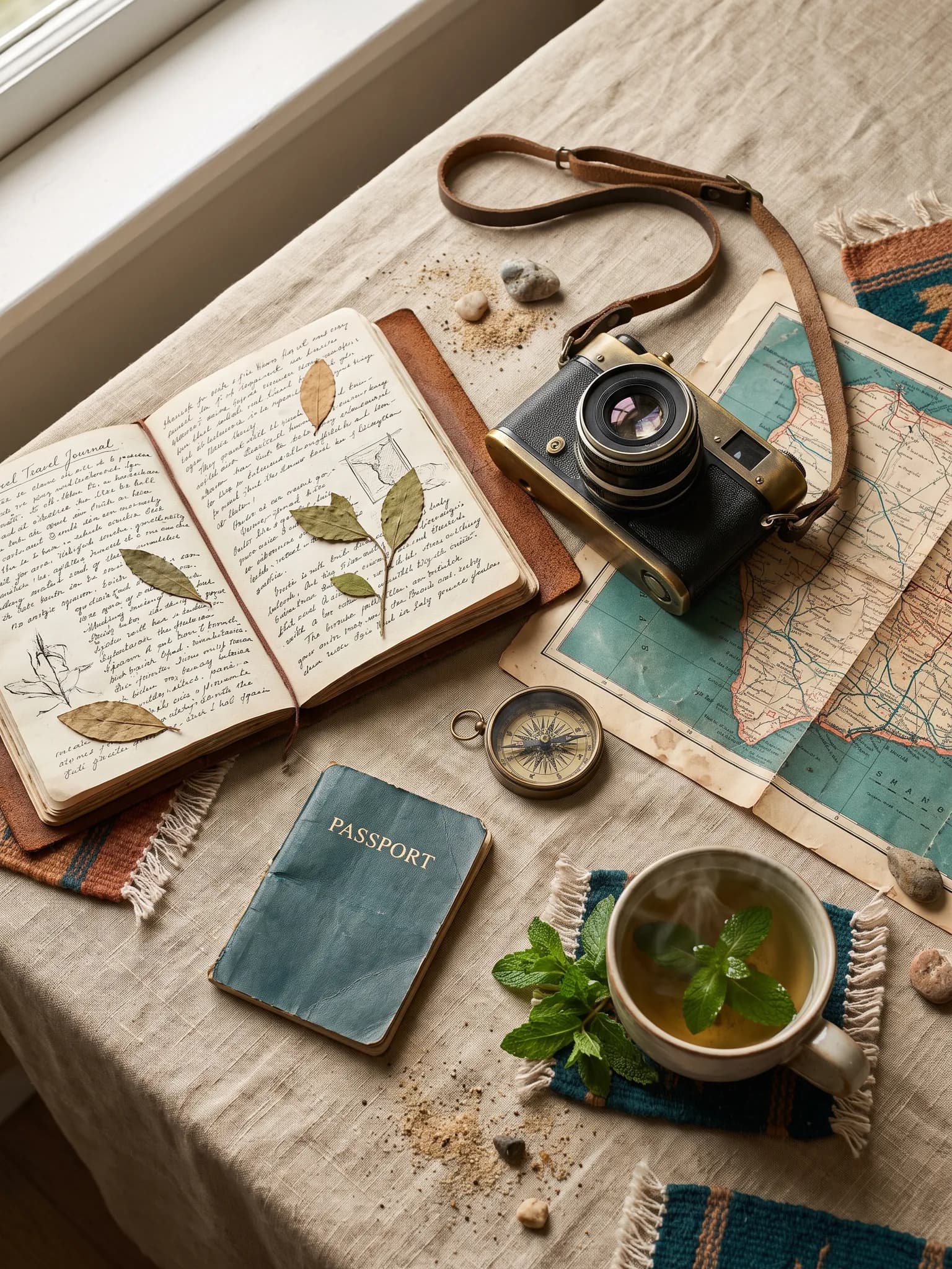 Travel journal, film camera, map and compass on a linen table