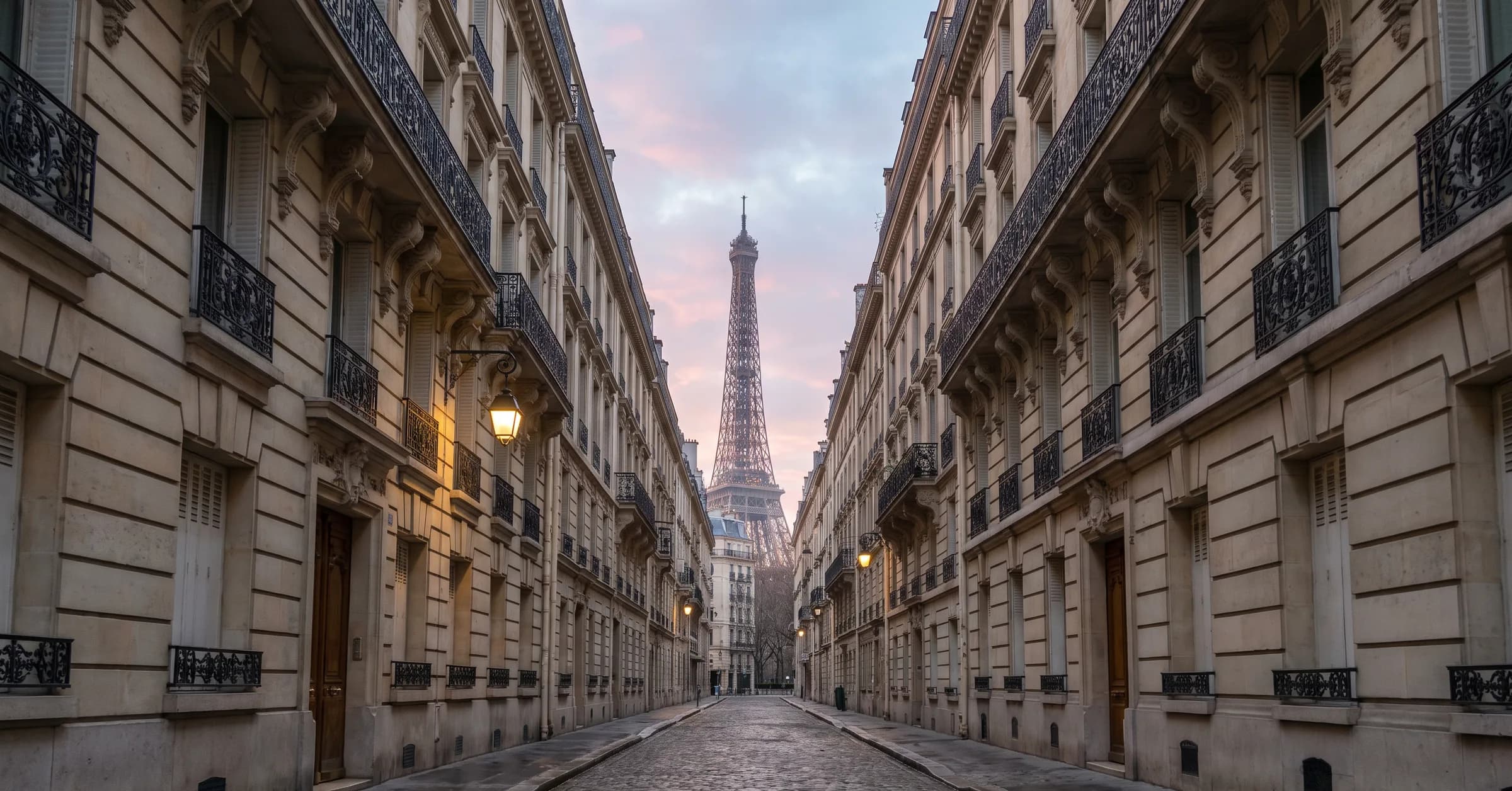 Best places to visit in Paris: the Eiffel Tower seen from a street at dawn