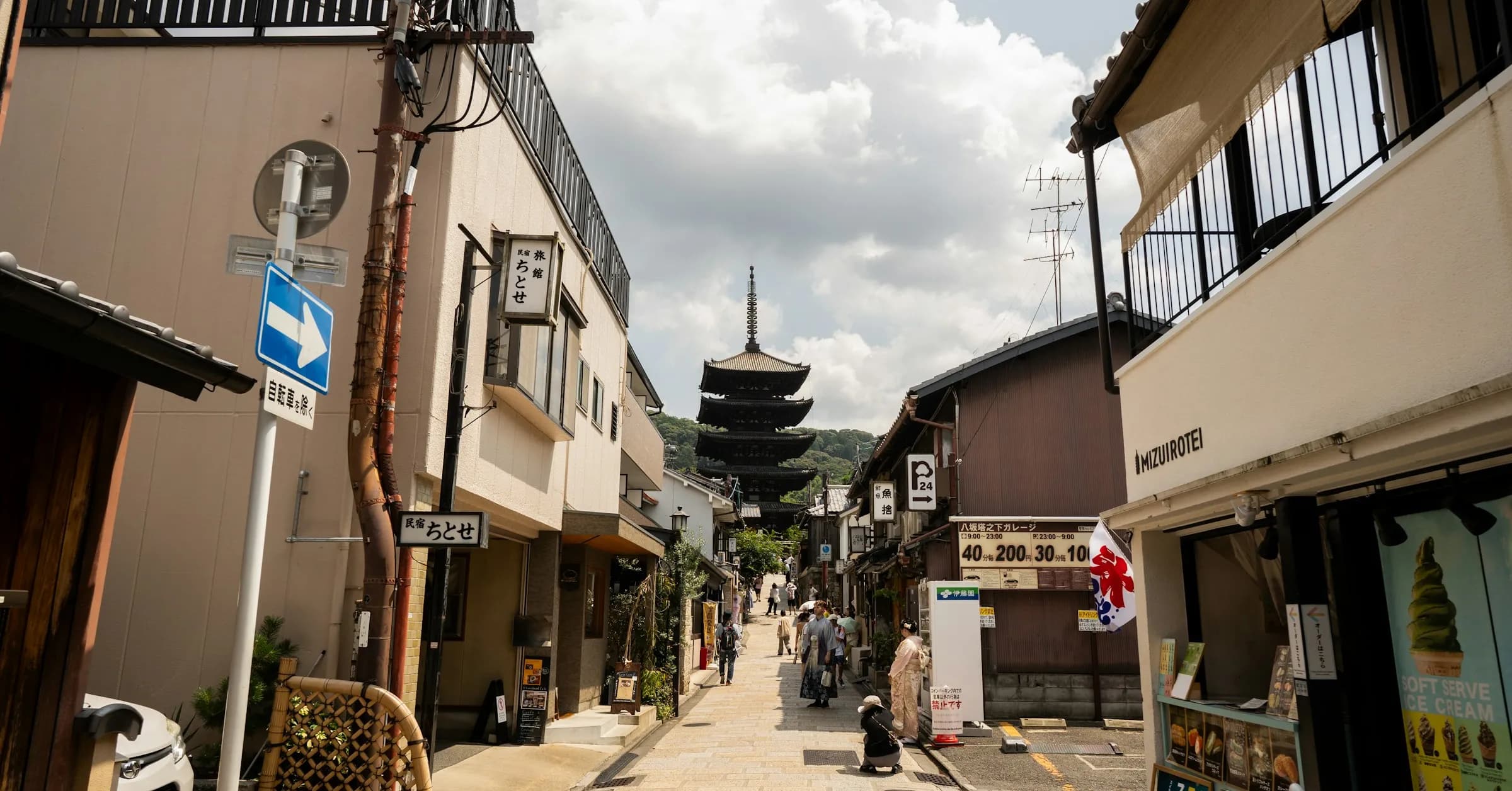 Where to stay in Kyoto: a traditional street in Higashiyama leading to the Yasaka Pagoda