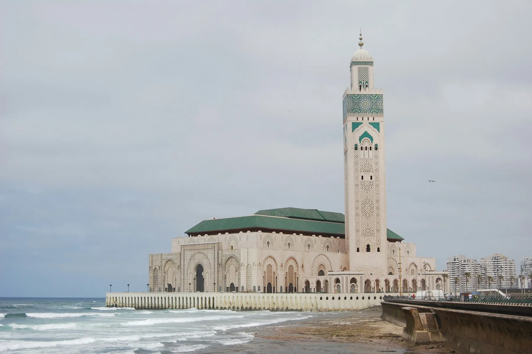 The Hassan II Mosque and its tall minaret on the Atlantic shore in Casablanca
